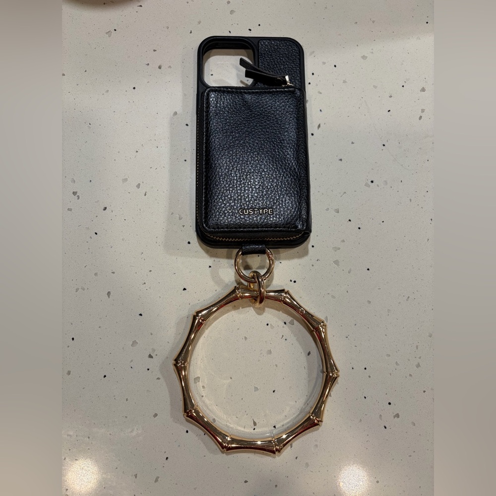 iPhone 13 Pro Max Black Leather Phone Case with Gold Ring